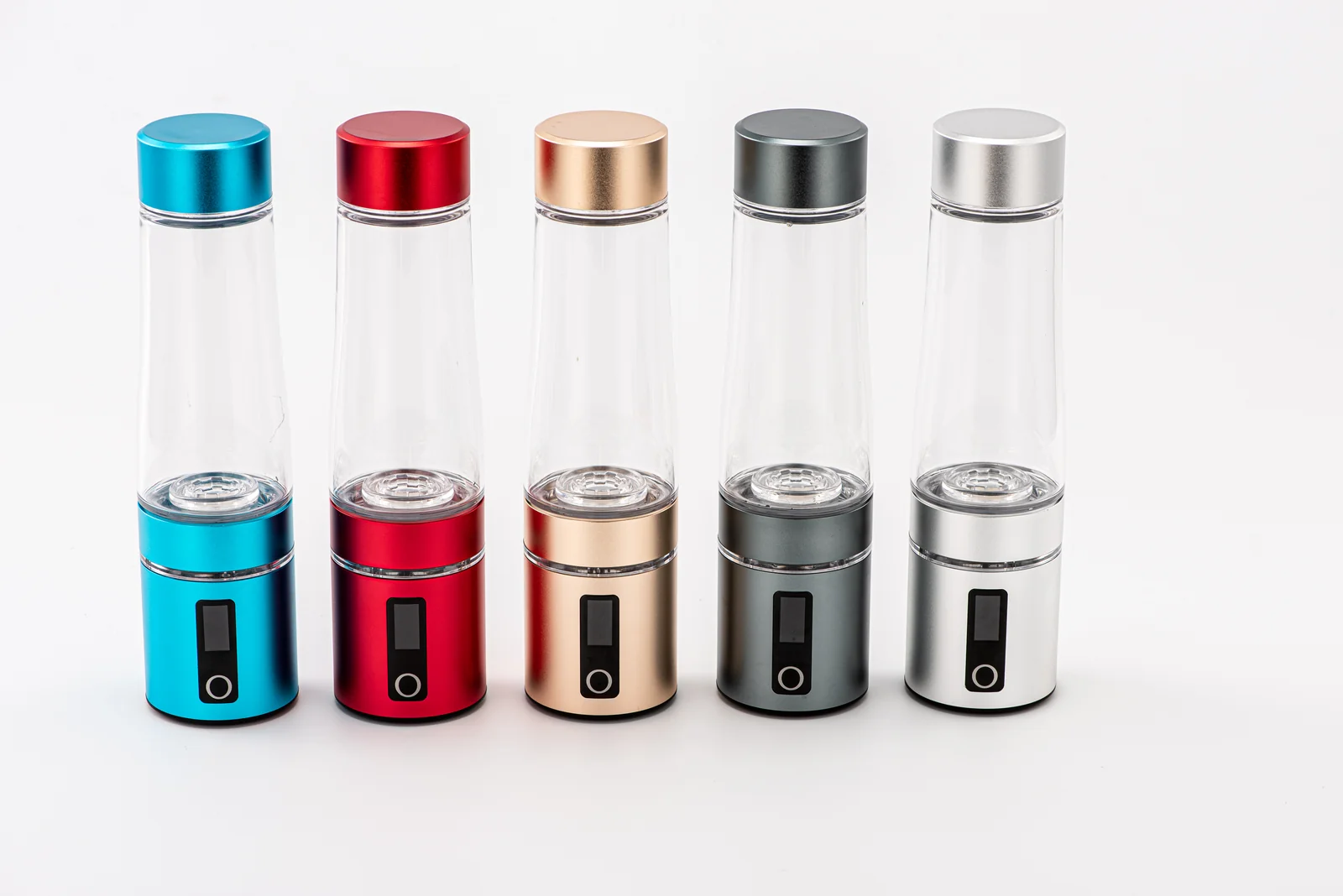 Dual-chamber hydrogen water bottles in blue, red, gold, grey and silver